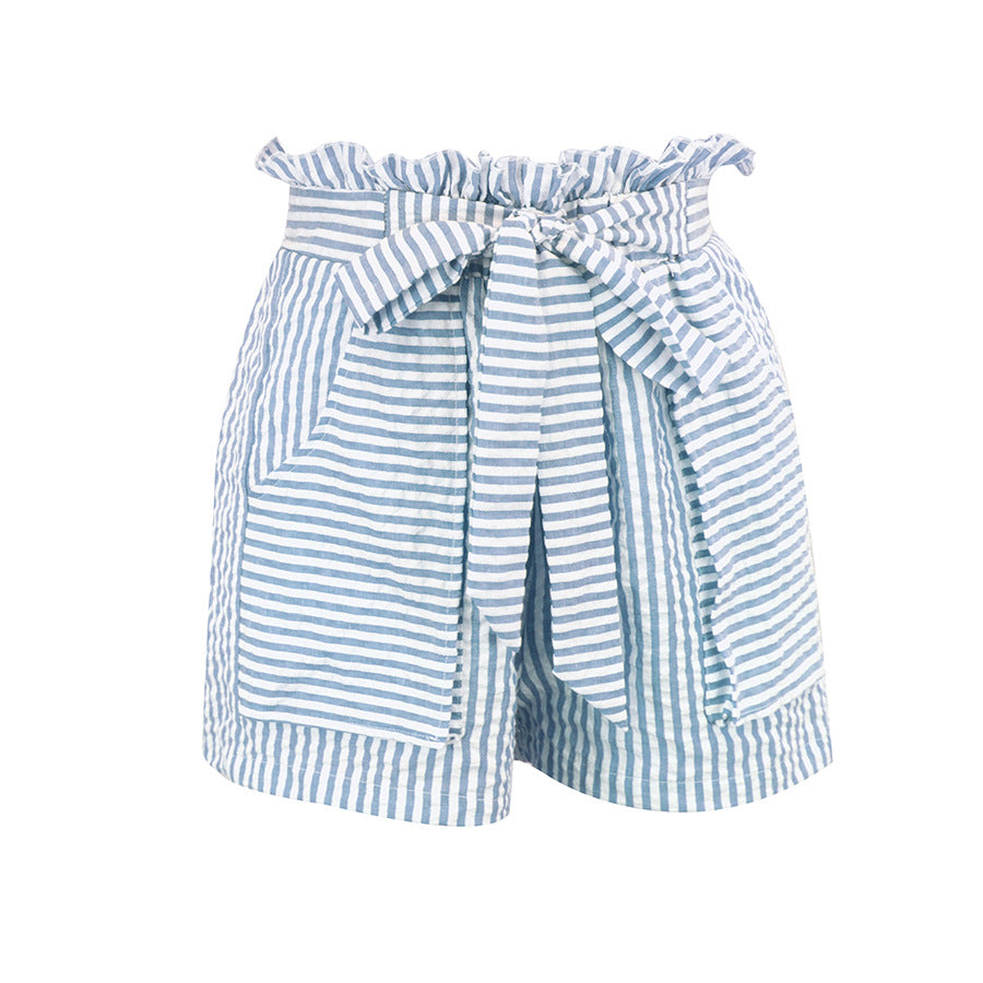 XS-L Women Casual High-waisted Striped Pocket Design Shorts