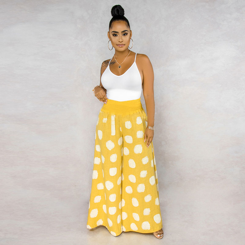 S-XXL Women Fashion Polka Dot Printed Casual Wide Leg Trousers