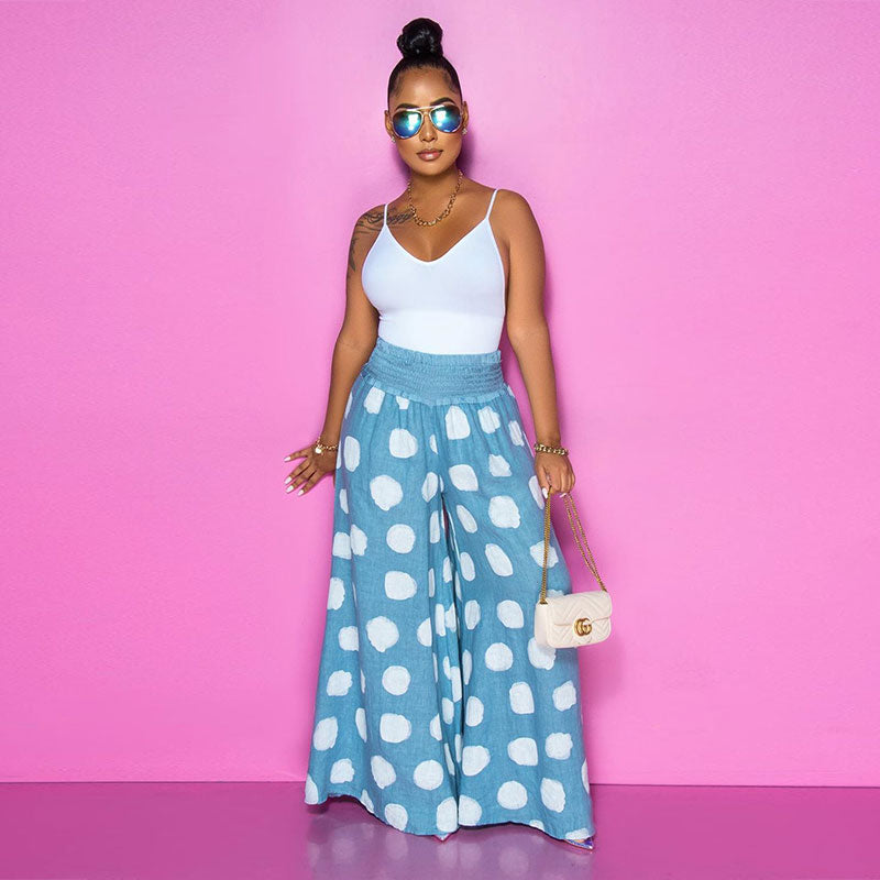 S-XXL Women Fashion Polka Dot Printed Casual Wide Leg Trousers