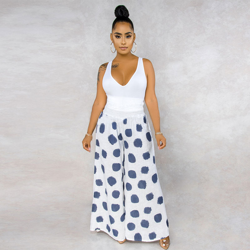 S-XXL Women Fashion Polka Dot Printed Casual Wide Leg Trousers