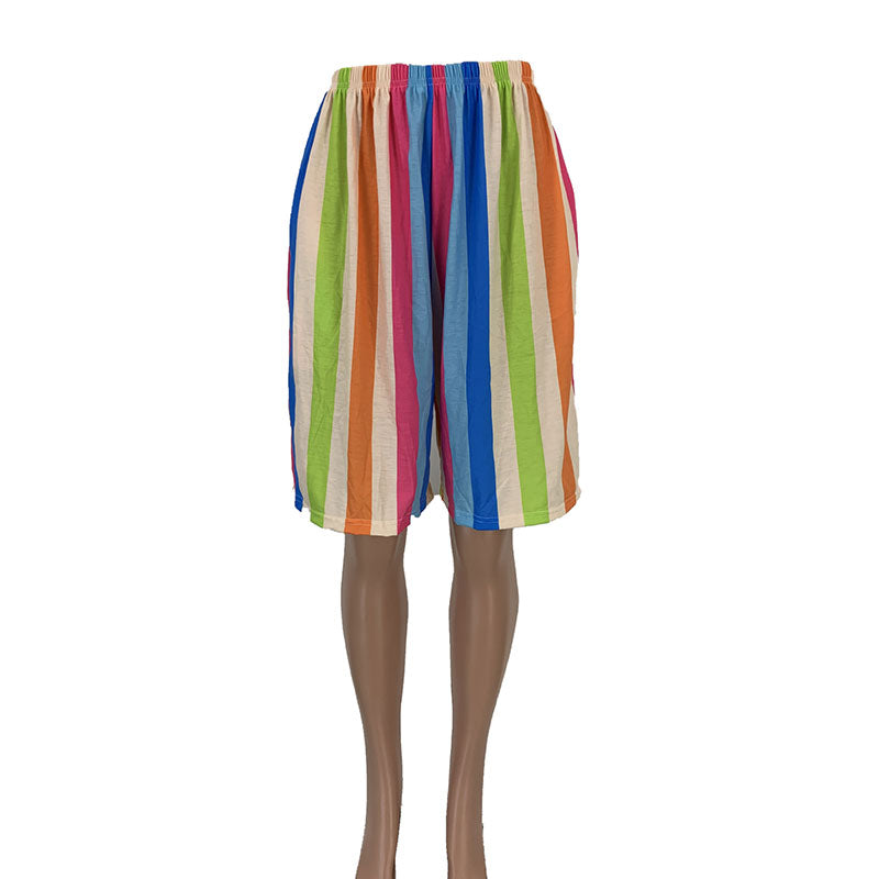 S-3XL Women Fashion Rainbow Color Striped Casual Shorts
