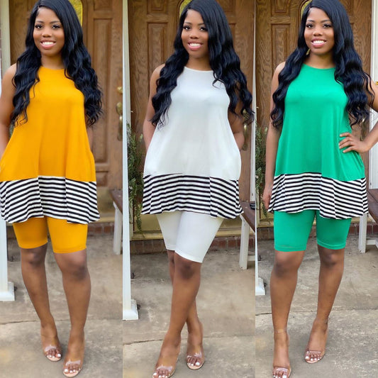 S-XXL Women Casual Sleeveless Striped Patchwork Top And Solid Color Tight Shorts Two-piece Sets