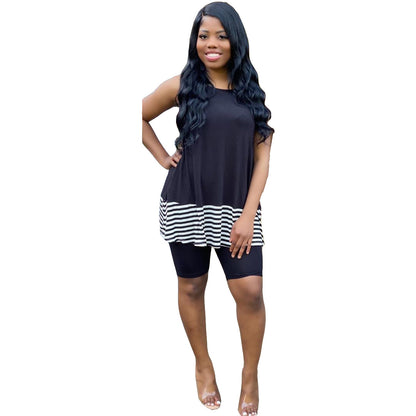 Conjuntos de dos piezas para mujer, tallas S-XXL, informales, sin mangas, con retazos a rayas y pantalones cortos ajustados de color liso