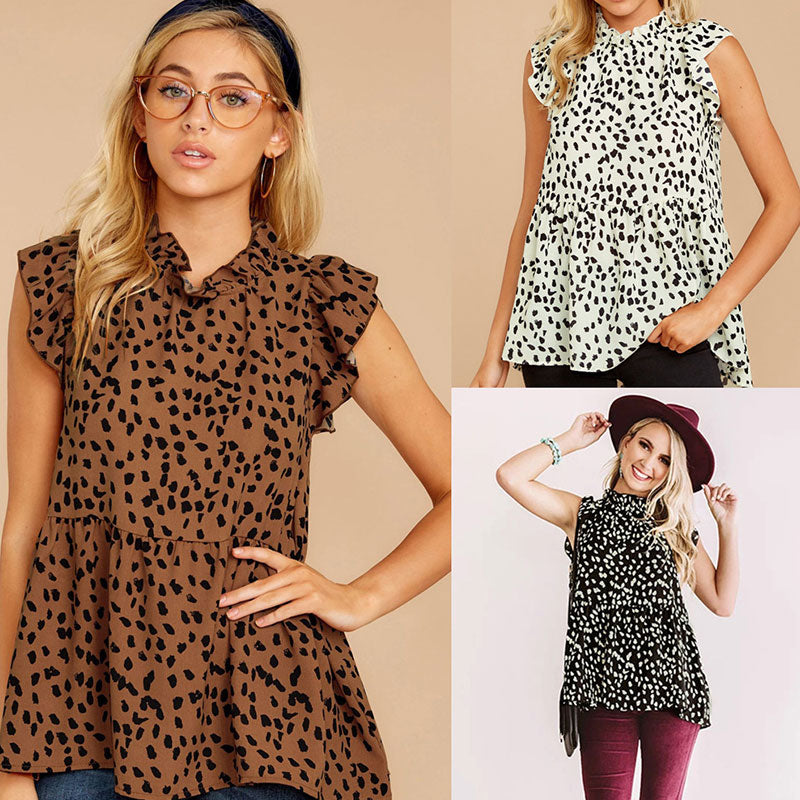 Blusa holgada informal de moda para mujer con estampado de lunares y volantes sin mangas