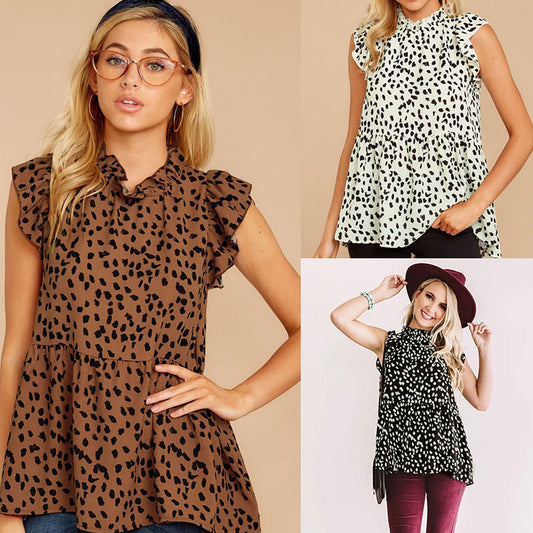 Blusa holgada informal de moda para mujer con estampado de lunares y volantes sin mangas