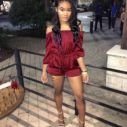 S-XL Women Casual Solid Color Off-the-Shoulder Drawstring Rompers