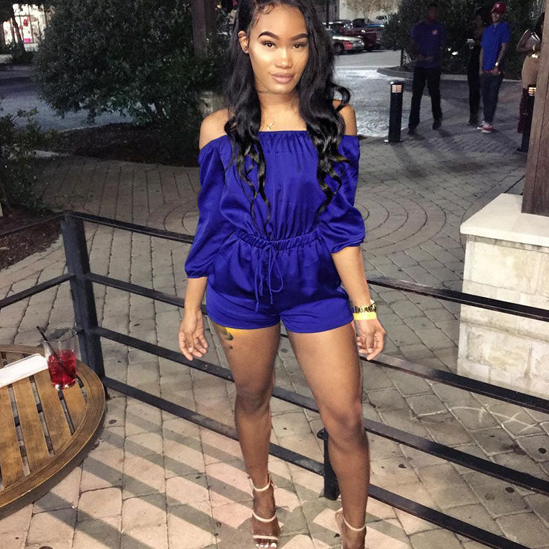 S-XL Women Casual Solid Color Off-the-Shoulder Drawstring Rompers