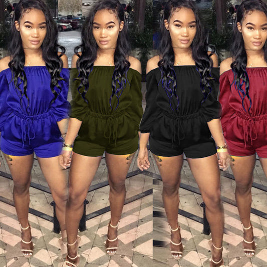 S-XL Women Casual Solid Color Off-the-Shoulder Drawstring Rompers