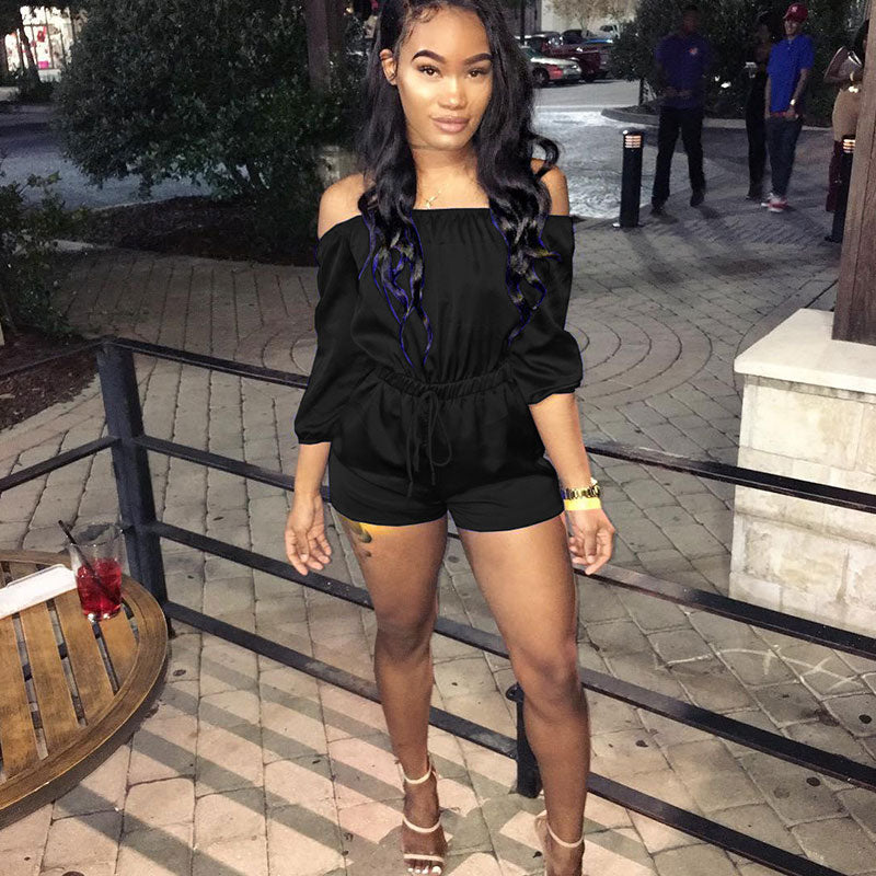 S-XL Women Casual Solid Color Off-the-Shoulder Drawstring Rompers