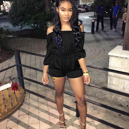 S-XL Women Casual Solid Color Off-the-Shoulder Drawstring Rompers