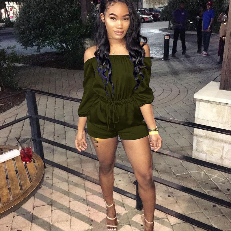 S-XL Women Casual Solid Color Off-the-Shoulder Drawstring Rompers