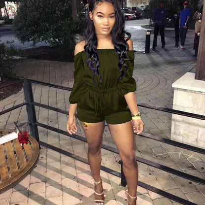 S-XL Women Casual Solid Color Off-the-Shoulder Drawstring Rompers