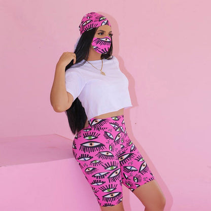 Conjunto informal de dos piezas con camiseta y pantalones cortos de manga corta en color liso, tallas S-XL, con mascarilla