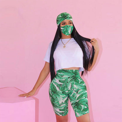 Conjunto informal de dos piezas con camiseta y pantalones cortos de manga corta en color liso, tallas S-XL, con mascarilla