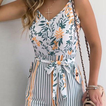 S-XL Women Casual V-neck Fashion Leaf Print Lace-up Striped Rompers