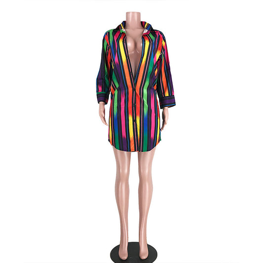 Blusas casuales de manga larga con solapa y botones, de color arcoíris, para mujer, tallas S-XXL