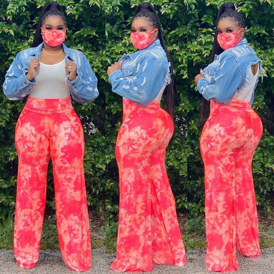 S-XXL Women Summer Tie-dye Casual Wide Leg Trousers With Mask