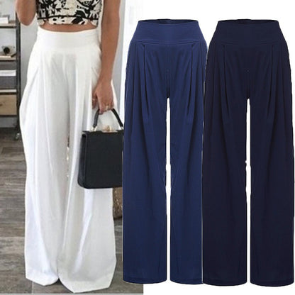 S-3XL Women Fashion Solid Color Casual Wide Leg Trousers