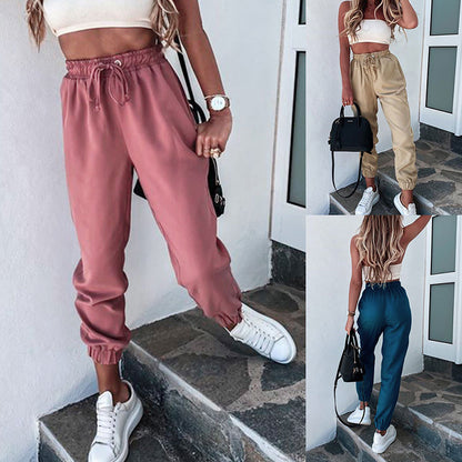 S-XL Women Fashion Solid Color Casual Drawstring Waist Sports Jogger Pants