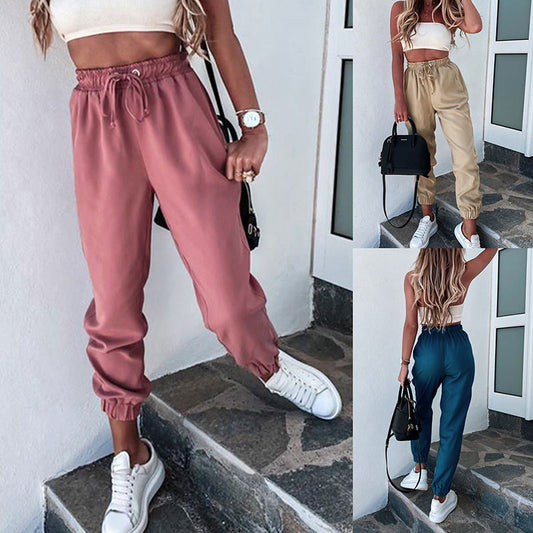 S-XL Women Fashion Solid Color Casual Drawstring Waist Sports Jogger Pants