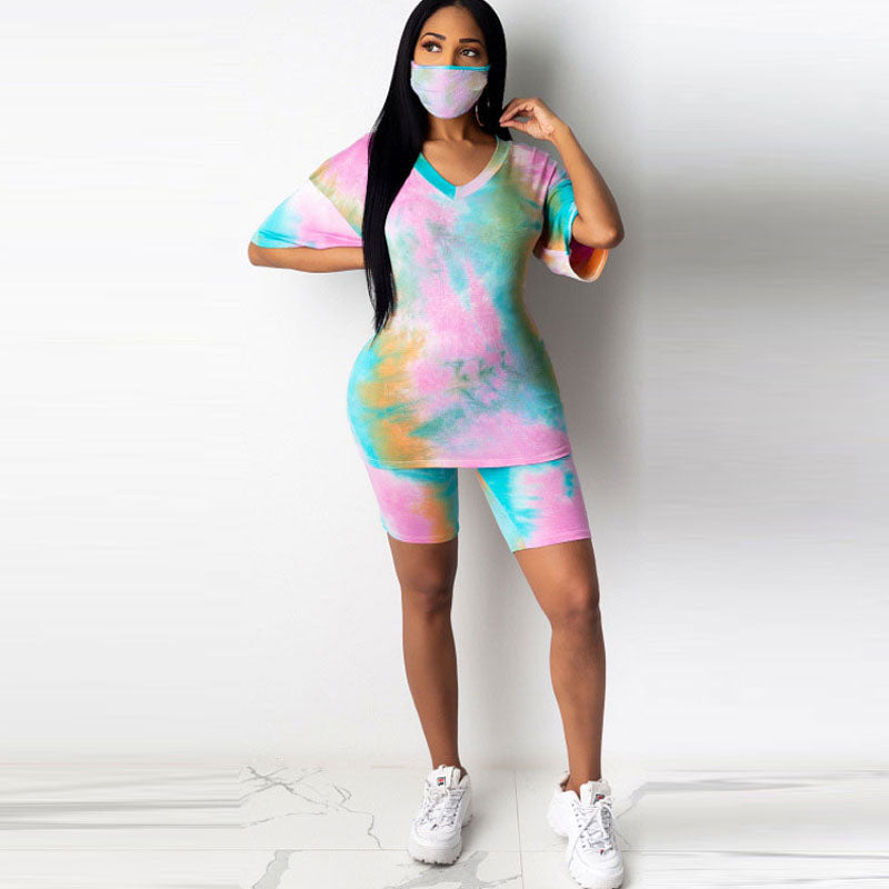 Conjunto de dos piezas de camiseta y pantalones cortos ajustados con efecto tie-dye informal, tallas S-3XL, con mascarilla