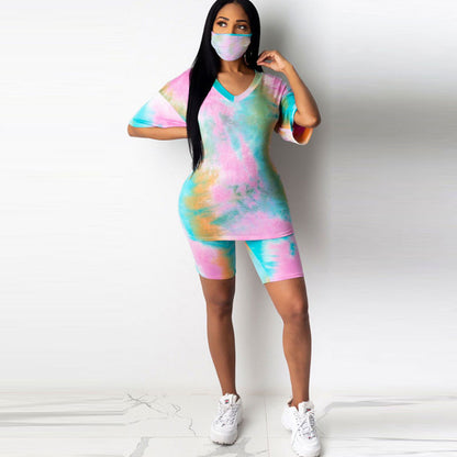 Conjunto de dos piezas de camiseta y pantalones cortos ajustados con efecto tie-dye informal, tallas S-3XL, con mascarilla