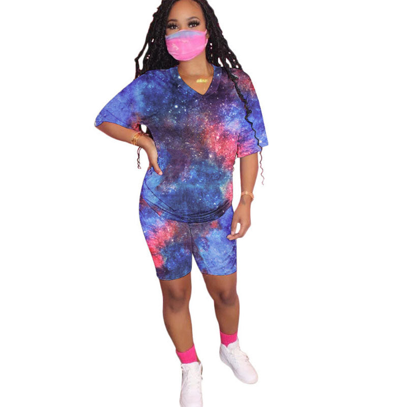 Conjunto de dos piezas de camiseta y pantalones cortos ajustados con efecto tie-dye informal, tallas S-3XL, con mascarilla