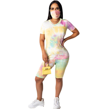 Conjunto de dos piezas de camiseta y pantalones cortos ajustados con efecto tie-dye informal, tallas S-3XL, con mascarilla