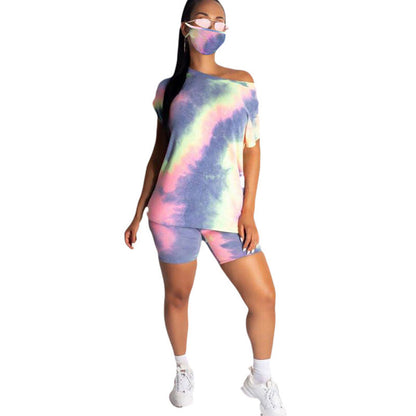 Conjunto de dos piezas de camiseta y pantalones cortos ajustados con efecto tie-dye informal, tallas S-3XL, con mascarilla