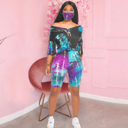 Conjunto de dos piezas de camiseta y pantalones cortos ajustados con efecto tie-dye informal, tallas S-3XL, con mascarilla