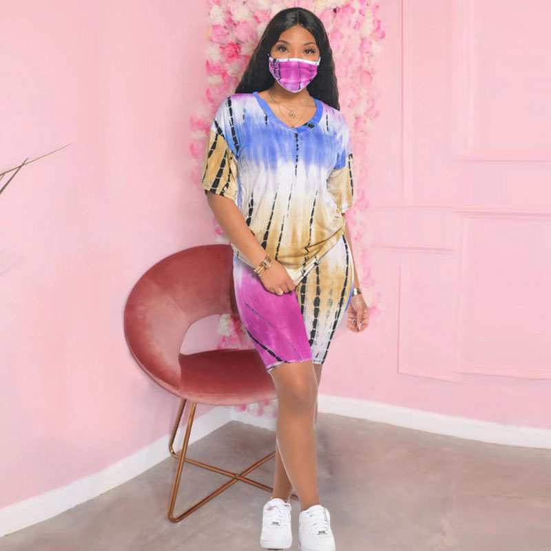 Conjunto de dos piezas de camiseta y pantalones cortos ajustados con efecto tie-dye informal, tallas S-3XL, con mascarilla