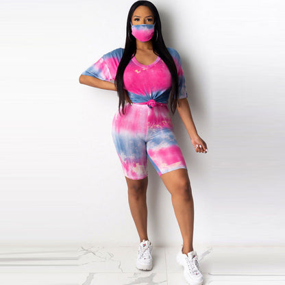 Conjunto de dos piezas de camiseta y pantalones cortos ajustados con efecto tie-dye informal, tallas S-3XL, con mascarilla