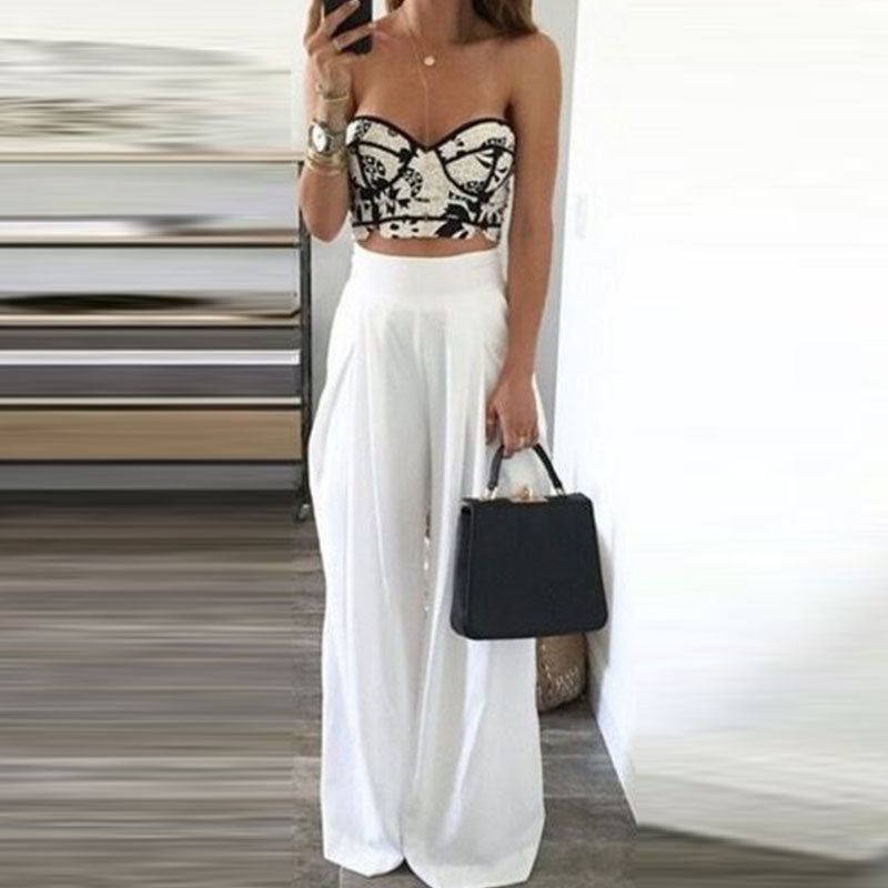 S-3XL Women Fashion Solid Color Casual Wide Leg Trousers