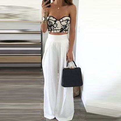 S-3XL Women Fashion Solid Color Casual Wide Leg Trousers