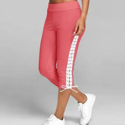 S-5XL Women Lace-up Casual Solid Color Cropped Sports Leggings