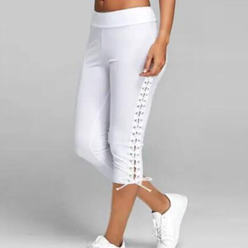 S-5XL Women Lace-up Casual Solid Color Cropped Sports Leggings