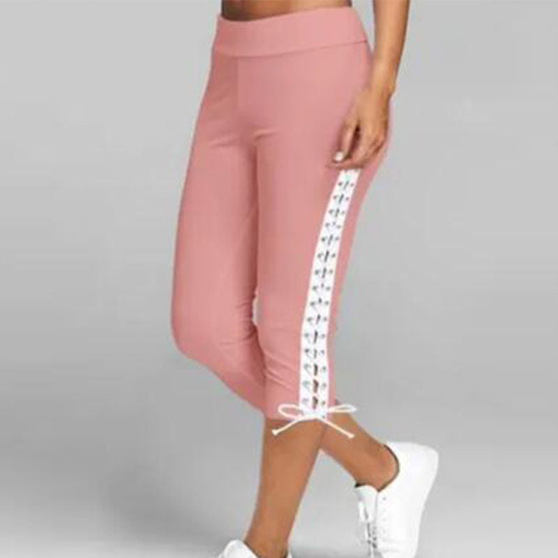 S-5XL Women Lace-up Casual Solid Color Cropped Sports Leggings