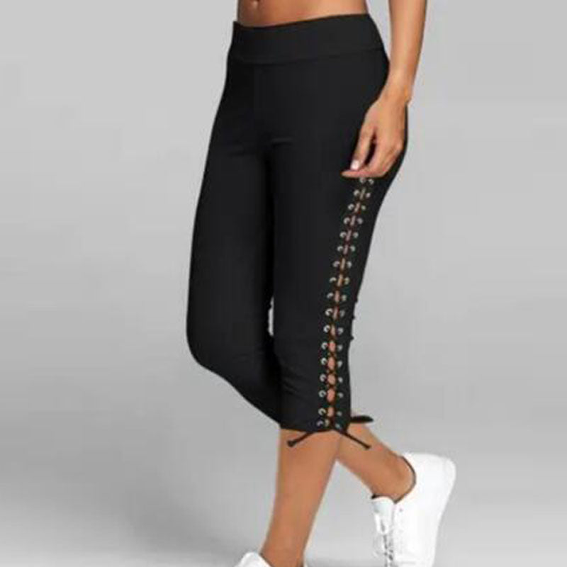S-5XL Women Lace-up Casual Solid Color Cropped Sports Leggings