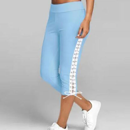 S-5XL Women Lace-up Casual Solid Color Cropped Sports Leggings
