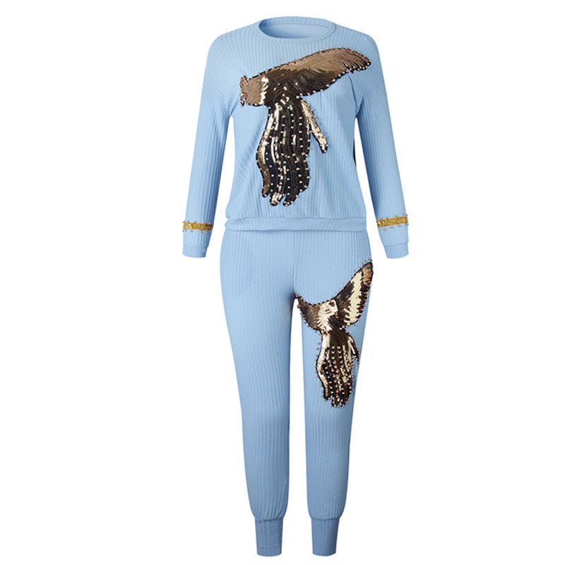 Conjunto de dos piezas con top holgado y pantalones casuales de manga larga con lentejuelas de fénix, tallas M-3XL
