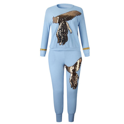 Conjunto de dos piezas con top holgado y pantalones casuales de manga larga con lentejuelas de fénix, tallas M-3XL
