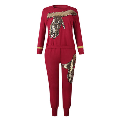 Conjunto de dos piezas con top holgado y pantalones casuales de manga larga con lentejuelas de fénix, tallas M-3XL