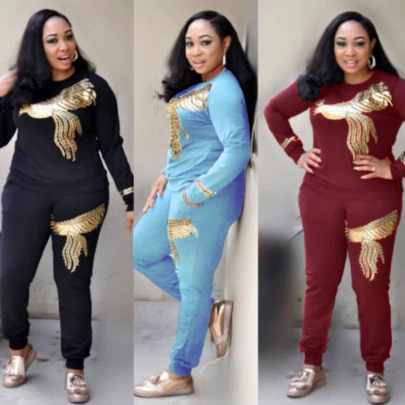 Conjunto de dos piezas con top holgado y pantalones casuales de manga larga con lentejuelas de fénix, tallas M-3XL