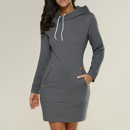 Autumn Winter Women Solid Color Casual Long-sleeve Hooded Dress