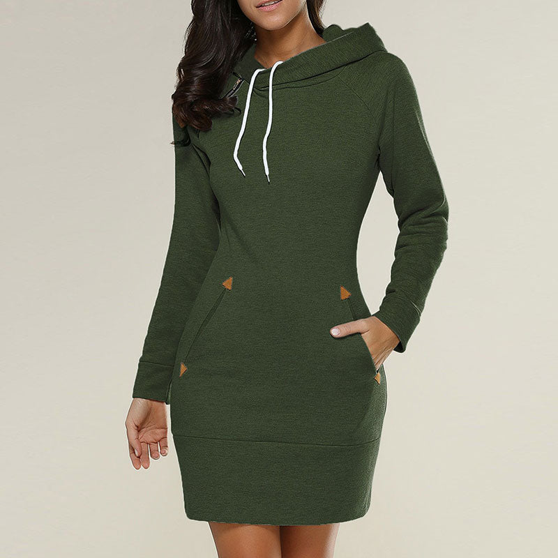 Autumn Winter Women Solid Color Casual Long-sleeve Hooded Dress