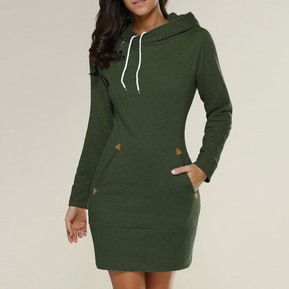Autumn Winter Women Solid Color Casual Long-sleeve Hooded Dress