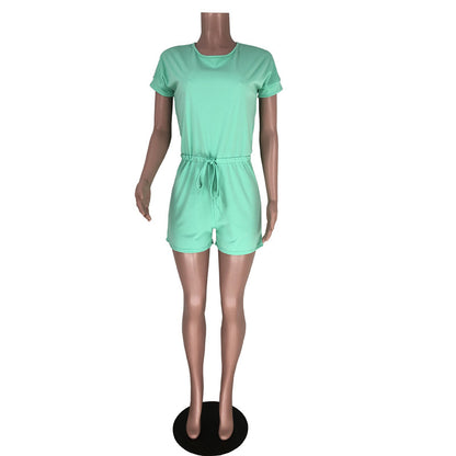 S-XL Woman Cute Casual Solid Color Drawstring Rompers