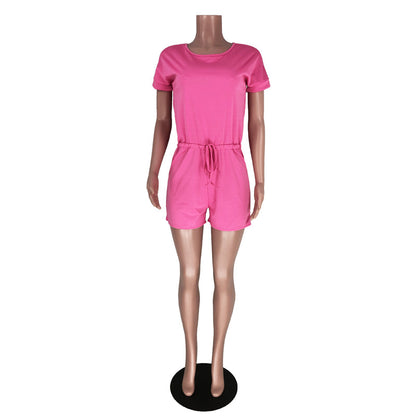 S-XL Woman Cute Casual Solid Color Drawstring Rompers