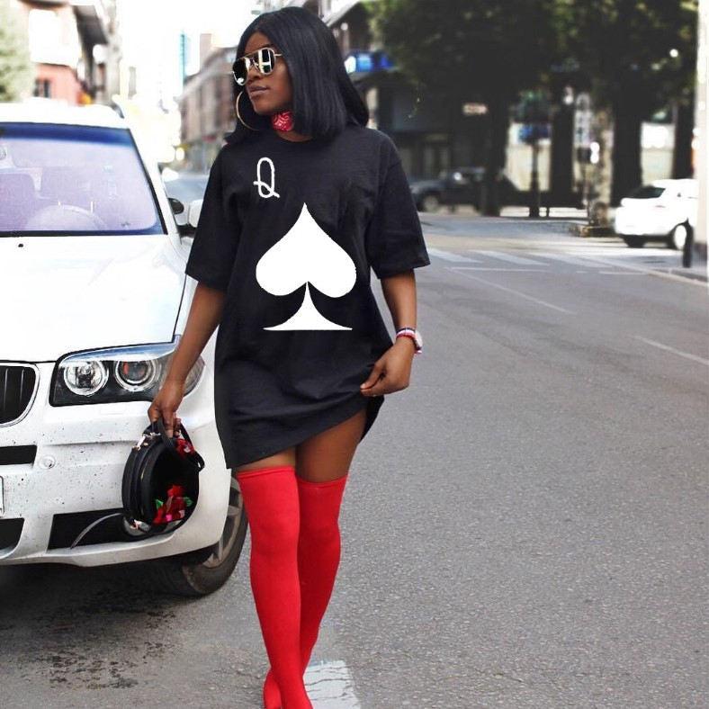 Vestidos casuales con estampado de póker de manga corta y talla grande para mujer, tallas L-5XL