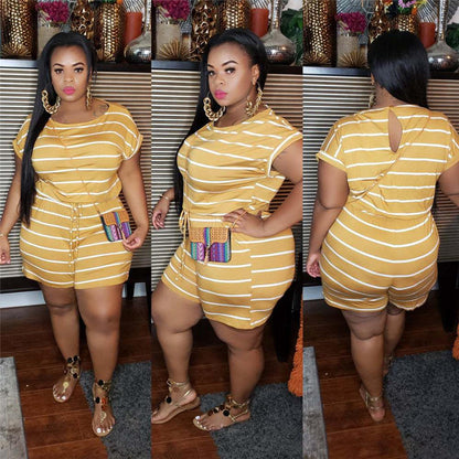 XL-5XL Women Plus Size Casual Stripe Print Rompers